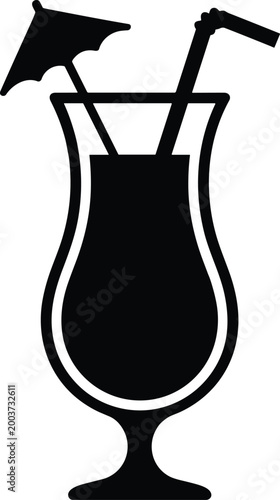 Tropical Cocktail Glass with Umbrella and Straw Silhouette, Vector Illustration