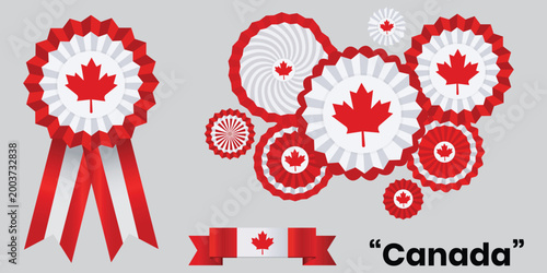 Canadian Symbols: A collection of vibrant Canadian symbols, including maple leaf rosettes and ribbons, celebrating Canadian heritage.