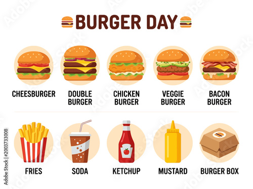 A delicious variety of popular burgers and fast food items, perfect for celebrating Burger Day