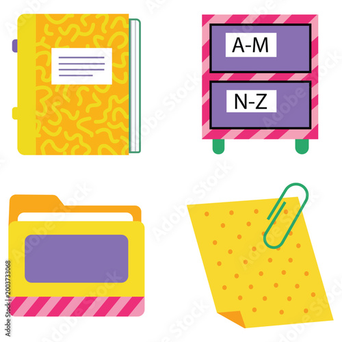 Stationery Assortment: A bright and cheerful collection of office supplies, including a vibrant journal, a file cabinet with alphabetical labels, a file folder, and a memo with a paperclip.