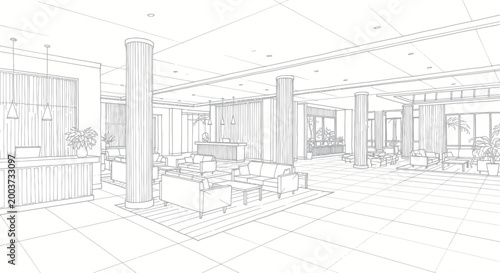 Quadro su tela Architectural sketch of a modern hotel lobby interior design.