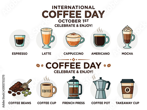 Celebrate International Coffee Day on October 1st with a variety of popular coffee drinks and brewing methods illustrated for your enjoyment