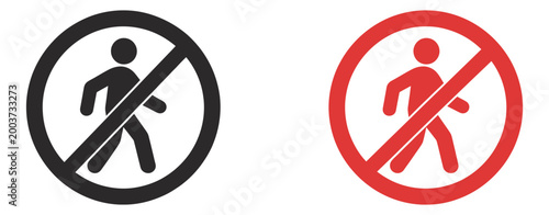 No walking prohibition sign icon set with crossed pedestrian symbol in black and red circular warning vector illustration