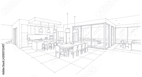 Architectural sketch of a modern open-plan living space with kitchen and dining area.