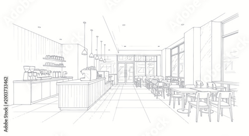 Photos Architectural sketch of a modern restaurant interior design.