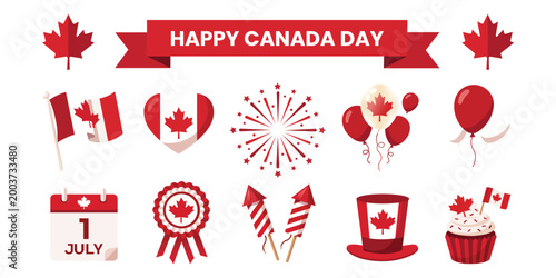 Canada Day Celebration: A vibrant collection of patriotic symbols and festive elements. Featuring a cheerful display of maple leaves, flags, fireworks, and more, celebrating the spirit of Canada.