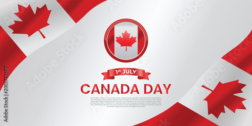 Canada Day Celebration: A celebratory emblem of the annual Canada Day, featuring a central badge with a maple leaf symbol, waving flags in the national colors, and the date of July 1st.