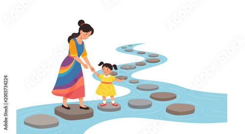 фотографія Mother Guiding Daughter on Stepping Stones Across River
