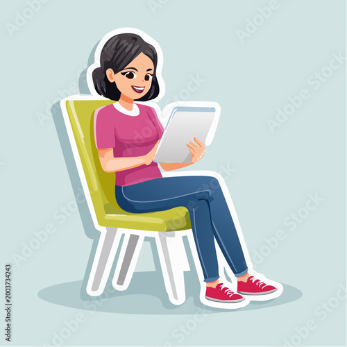 Woman Sitting on Chair Using Tablet