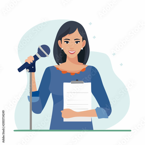 Woman Speaking into Microphone with Clipboard