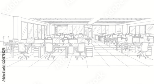 Tableau sur toile Detailed architectural sketch of a modern open-plan office interior