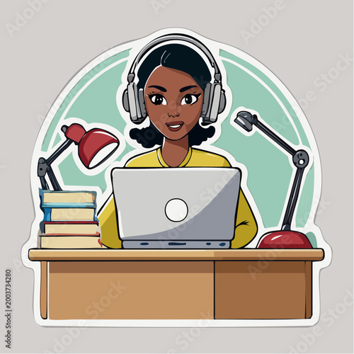 Woman with Headphones Working on Laptop at Desk