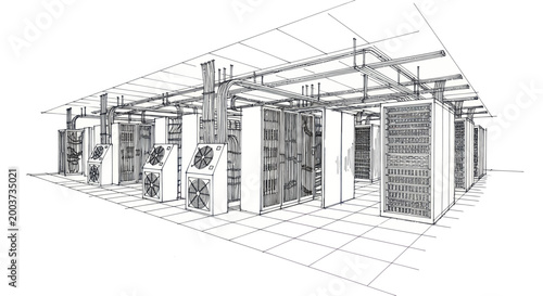 Detailed sketch of a modern data center with server racks and cooling units.