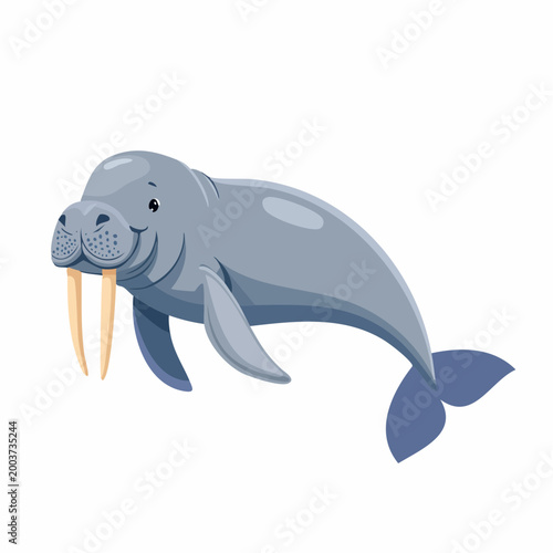 Cartoon walrus with large tusks swimming.