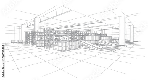 Detailed wireframe sketch of a modern industrial warehouse interior.