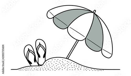 Beach relaxation illustration, simple summer essentials and leisure concept, sun hat, sunglasses, beach ball, flip flops, towel and umbrella, minimal clean style, warm seasonal theme
