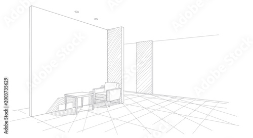 Minimalist interior sketch featuring a single chair and table, bathed in natural light.