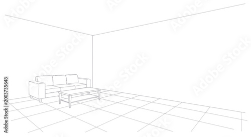 Minimalist living room sketch with a modern sofa and coffee table.