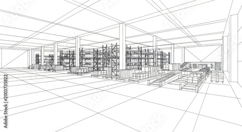 Wireframe blueprint of a modern industrial warehouse interior with shelving.