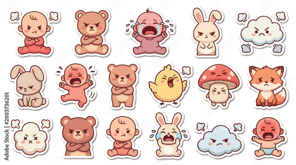 Fototapeta premium Cute Angry Cartoon Babies, Bears, Bunnies, Clouds, Fox, Chick, Mushroom Stickers