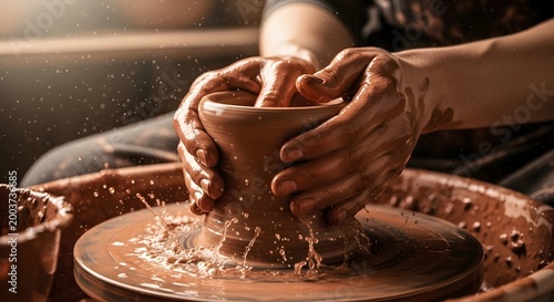 Potter shaping a wet clay vase on spinning wheel