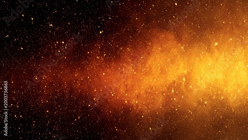 Fiery orange and yellow nebula clouds with shimmering golden dust particles
