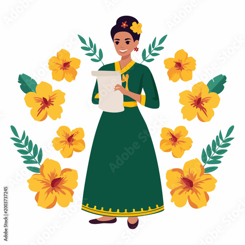 Woman in traditional dress holding scroll surrounded by hibiscus flowers