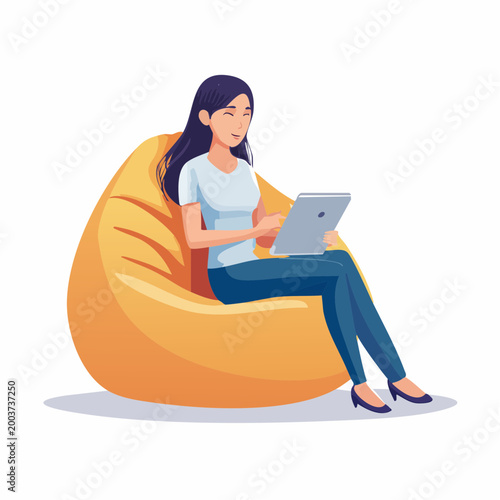 Woman Relaxing on Beanbag Chair Using Tablet
