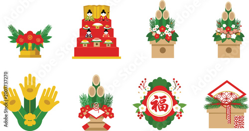 Traditional Japanese New Year Decoration Illustration Set Featuring Kadomatsu, Hina Dolls, and Floral Arrangements for Cultural, Festive, and Holiday Designs