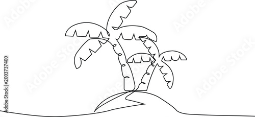 Single line drawing of three palm trees on a sandy dune vector