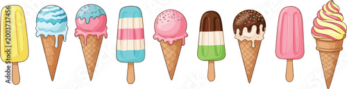 Colorful Ice Cream Cone and Popsicle Illustration Set Featuring Different Flavors and Toppings for Sweet Treats, Desserts, and Summer Designs