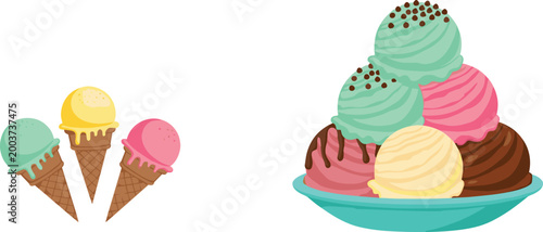 Ice Cream Cone and Scoop Illustration Set Featuring Colorful Flavors for Desserts, Sweets, and Summer Designs