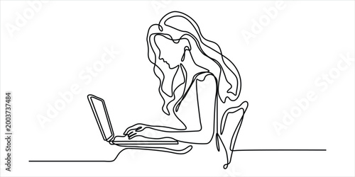 Woman using laptop line art vector illustration minimalist continuous drawing business technology productivity focus