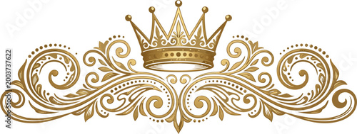 Elegant Gold Royal Crown Illustration With Decorative Floral Filigree Ornaments and Luxury Vintage Swirl Designs
