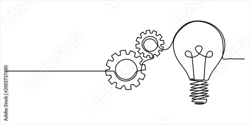 Gears and light bulb line art vector illustration minimalist continuous drawing innovation creativity idea process