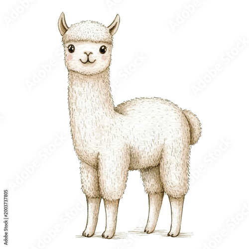 Cute white llama standing alone.