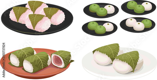 Japanese Rice Dumpling Illustration Set Featuring Mochi, Kashiwa, and Traditional Sweets for Cultural Cuisine Designs