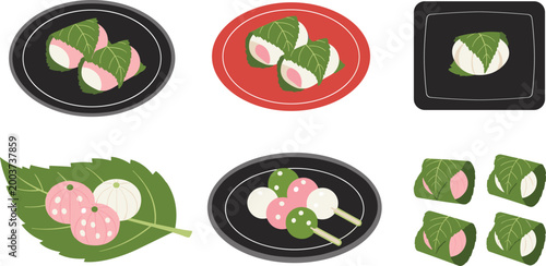 Japanese Sweet Rice Dumpling Illustration Set Featuring Mochi, Kashiwa, and Dango for Traditional Cuisine Designs