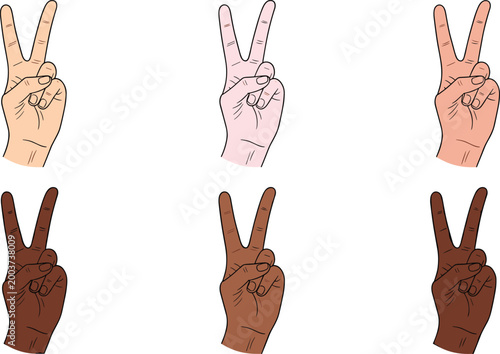 Peace Sign Hand Illustration Set Featuring Diverse Skin Tones for Unity, Peace, and Diversity Designs