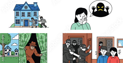 Home Invasion and Security Illustration Set Featuring Burglaries, Family Fear, and Safety Awareness
