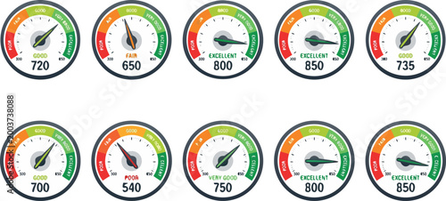 Financial Credit Score Gauge Vector Illustration Collection Set Featuring Various Rating Levels From Poor To Excellent With Colorful Meter Dials