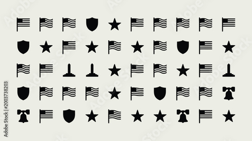 Collection of minimalist american flag shield star bell and flagpole icons in black silhouette against a neutral light gray background symbolizing patriotism and national identity