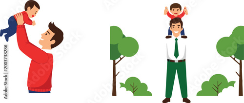 Father and Child Illustration Set Featuring Outdoor Play and Bonding Moments for Family, Parenting, and Lifestyle Designs