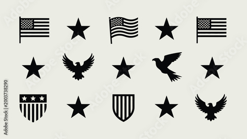 Принти на полотні Collection of american patriotic symbols and icons including waving flags stars