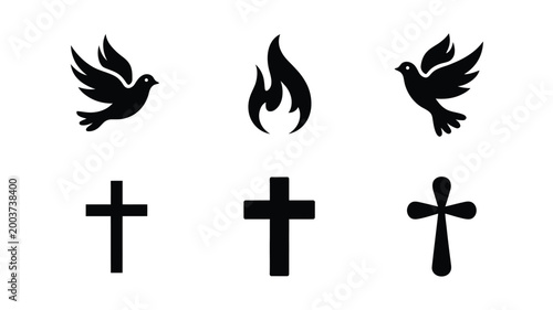 Collection of minimalist black christian religious symbols including doves flames and crosses isolated on a clean white background representing faith spirituality and hope