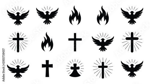 Collection of christian religious symbols including stylized doves representing the holy spirit flaming tongues symbolizing divine presence and radiant crosses signifying faith
