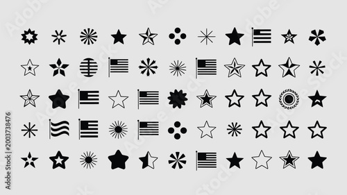 Collection of minimalist flat patriotic star and american flag icons versatile graphic elements for celebratory and national themes clean vector symbols on white background