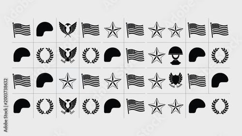 Collection of patriotic american symbols and military icons presented in a clean minimalist vector illustration style with a repetitive grid pattern suitable for national holidays
