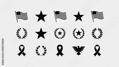 Collection of american patriotic symbols including waving flags stars laurel wreaths awareness ribbons and an eagle silhouette presented in a clean minimalist vector illustration