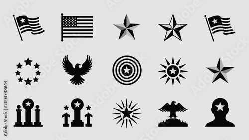 Collection of modern patriotic silhouette icons representing american symbols like flags stars eagles and monuments for national holidays and celebrations vector graphics
